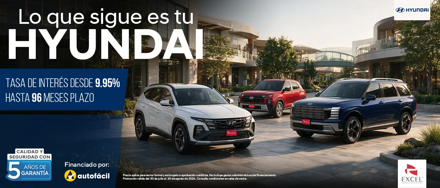 Descubre las promociones de Hyundai Honduras con financiamiento Autofácil. Conduce los nuevos Hyundai Tucson, Creta y Santa Fe con tasas de interés desde 9.95%, hasta 96 meses plazo y 5 años de garantía. Encuentra tu próximo SUV Hyundai con el respaldo de Excel Automotriz.